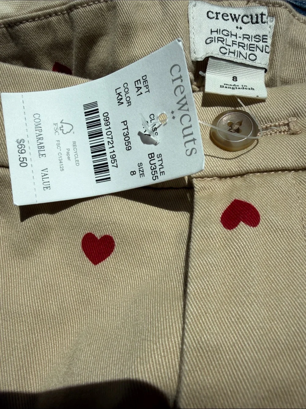 NWT Crewcuts Girls’ Heart Print Chino Pants, Size 8